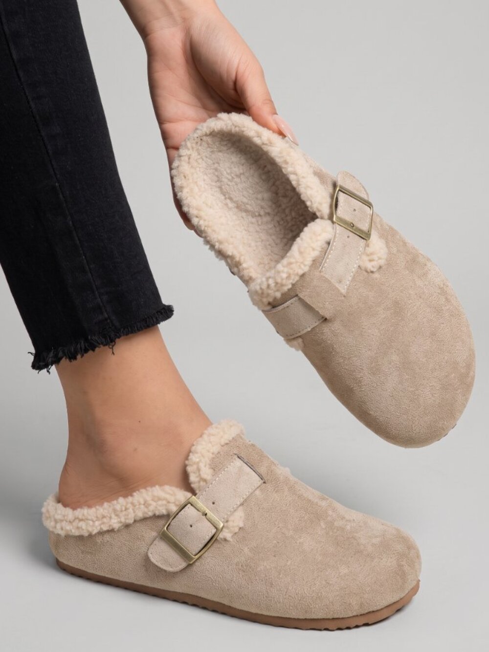 Women's Beige Faux Shearling Mule Slippers Suede Buckle Clogs Winter Fall